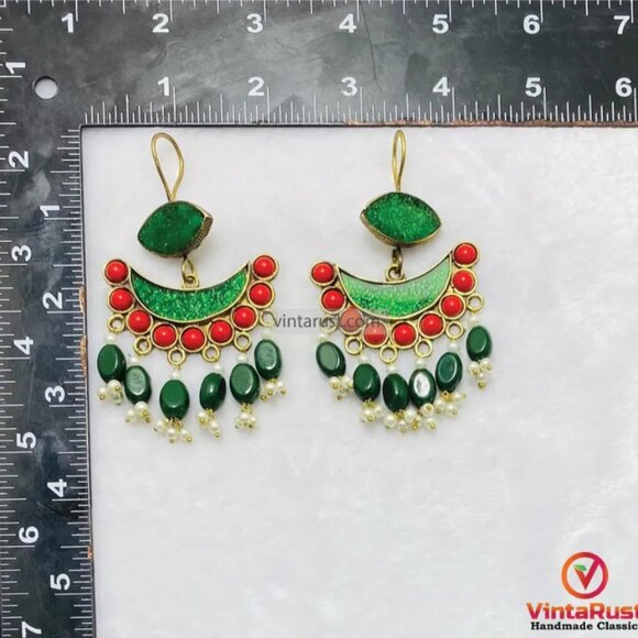Green and Red Afghan Earrings: Kuchi Boho Dangle Earrings - Picture 5 of 5